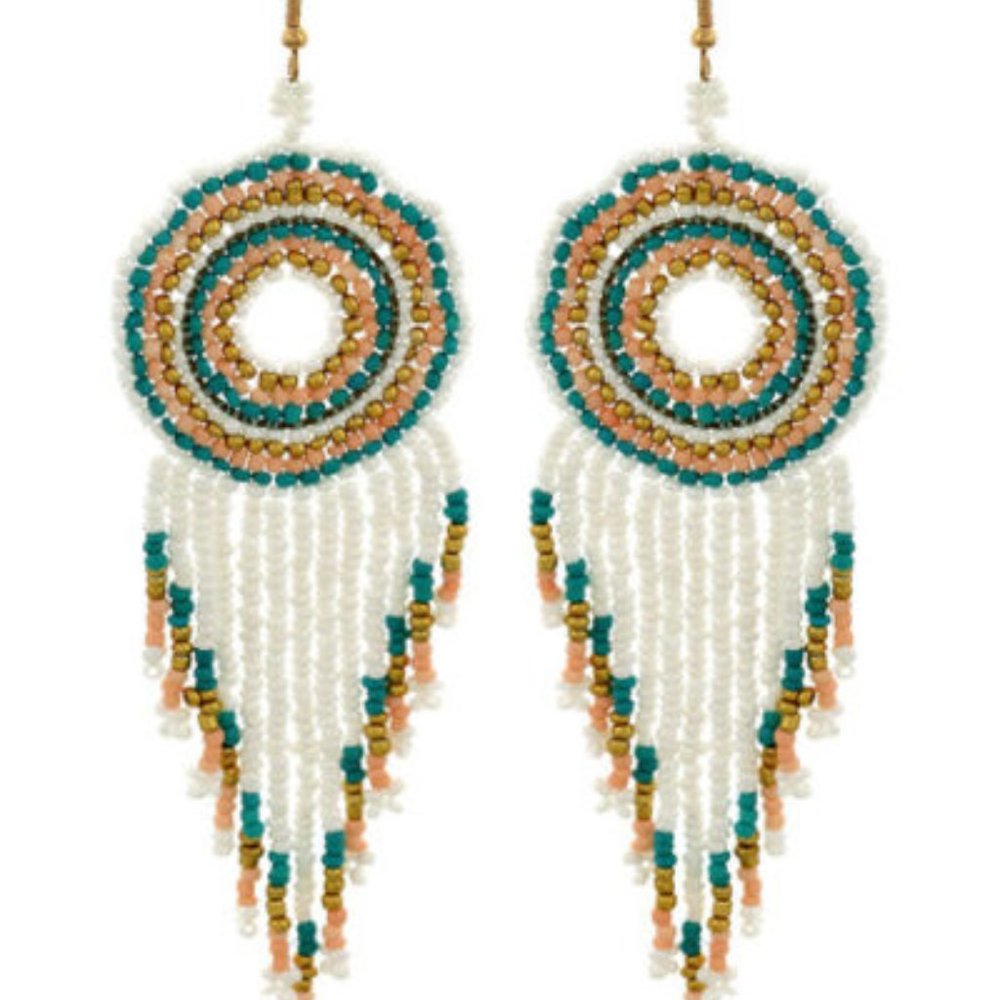 New Trendy Southwest Style Teal, White & Gold Seed Bead Earrings